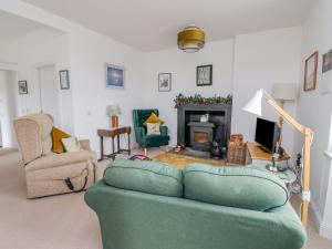 a living room with a green couch and a fireplace at Seaview-Barsloisnach Cottage in Kilmartin