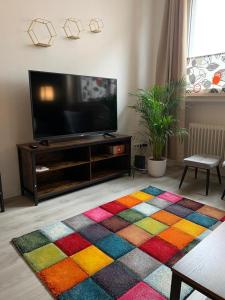 ein Wohnzimmer mit einem TV und einem farbenfrohen Teppich in der Unterkunft Zentral 72qm Style Küche Boxspringbett 1 Parkplatz in Osnabrück