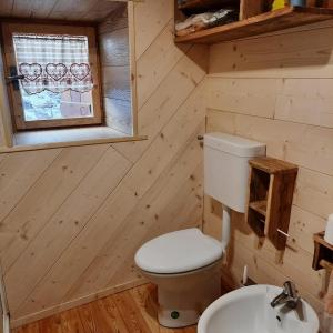 Baño pequeño con aseo y lavamanos en Baita Autentica - Your Mountain Holiday, en Premana