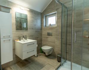 a bathroom with a toilet and a sink and a shower at Biały Szafir in Rusinowo +29 photos