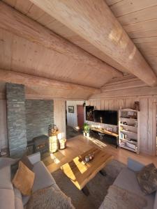 a living room with a couch and a fireplace at ReveEnka - cabin in Trysil with Jacuzzi for rent in Trysil