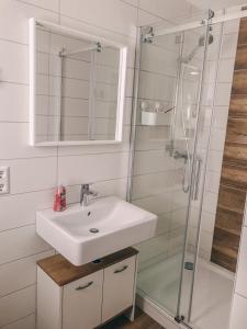 a bathroom with a sink and a shower at Creek House in Müllheim