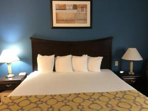 a bed in a hotel room with two lamps on tables at Baymont by Wyndham Decatur in Decatur