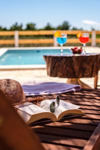 ミルナにあるHolliday Home "Maslinada"の飲み物を飲みながらテーブルの上に置かれた開いた本