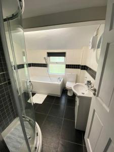 a bathroom with a shower and a toilet and a sink at Ifan cottage - two bedroom cottage in Meliden