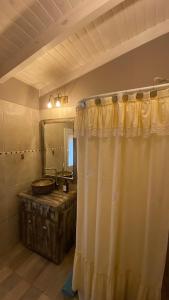 a bathroom with a sink and a shower curtain at La Casita in Junín de los Andes