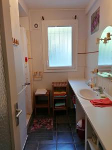 baño pequeño con lavabo y ventana en Gite chez Pierrette en Valence-sur-Baïse