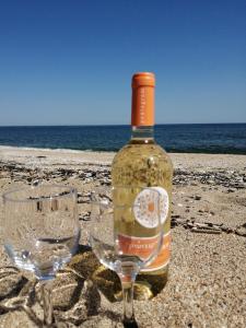 - une bouteille de vin et 2 verres à vin sur la plage dans l'établissement VIP, à Ahtopol