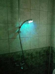 une douche avec une lumière bleue dans une salle de bain dans l'établissement VIP, à Ahtopol