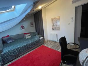 um quarto com uma cama e um tapete vermelho em Magnifique grand appartement em Orange