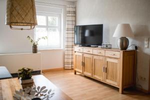 a living room with a flat screen tv on a wooden cabinet at Ferienwohnungen „Villa Havelblick“ in Rathenow