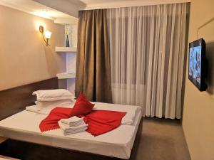 ブシュテニにあるPensiunea Clasicの赤い枕が付いたベッドが備わる客室です。