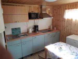 a small kitchen with a sink and a microwave at Gästehaus Älgstuga in Hova