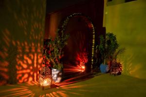 una camera buia con due vasi con piante e luci di Kasbah Tussna a Boumalne Dades
