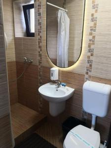 W łazience znajduje się umywalka, toaleta i lustro. w obiekcie Pensiunea Clasic w mieście Buşteni