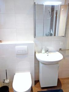 a white bathroom with a toilet and a sink at Helena Ferienwohnung in Hemfurth-Edersee +3 photos