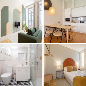 a collage of photos of a living room and a bedroom at Habitatio - Aliados in Porto