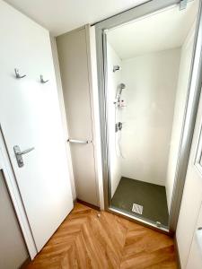 ein Badezimmer mit Dusche und Spiegel in der Unterkunft Mobil-home tout beau tout neuf, camping 4*, plage à pied ! in Canet-en-Roussillon