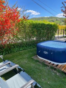 a blue tub sitting in the grass next to a boat at Dolce Vita in Mszana Dolna