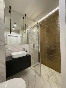 uma casa de banho com um lavatório e uma cabina de duche em vidro. em Apartament Nadmotławie 92 Sauna Fitness em Gdansk