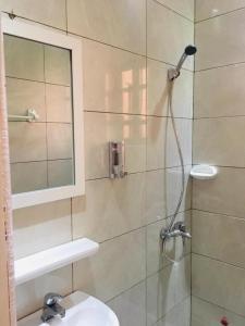 a bathroom with a shower with a sink and a mirror at Villa Cocotiers A11 in Cotonou