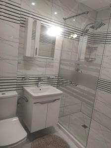 a white bathroom with a toilet and a shower at Апартамент Четири сезона 2 in Velingrad
