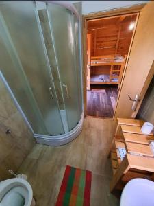a bathroom with a shower and a toilet at Grand Tara Rafting Resort in Foča +43 photos