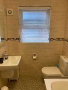 a bathroom with a white toilet and a sink at Apartment 8 The Landings in Filey