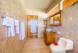 a bathroom with a toilet and a sink and a mirror at Drake Bay Getaway Resort in Drake