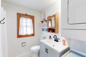 a bathroom with a sink and a toilet and a mirror at Little Birch in Gray