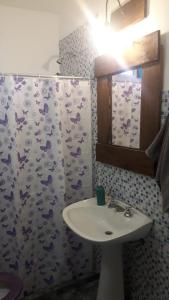 a bathroom with a sink and a shower curtain at Habitación en casa con pileta en Río Ceballos in Río Ceballos