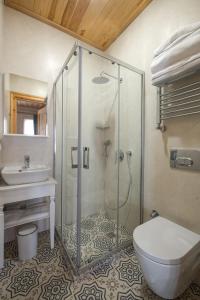 a bathroom with a shower and a toilet and a sink at İkiz Konak Boutique Hotel in Istanbul