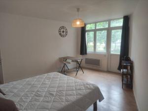 - une chambre avec un lit, une table et une fenêtre dans l'établissement L'Ecrin d'Emile - Grand Studio Meublé au Calme, à Courpière