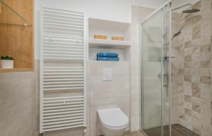 a bathroom with a toilet and a glass shower at Nevera 1 in Vrbnik