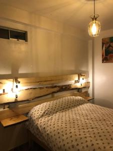 a bedroom with a bed and a wooden wall at Casa de Ana B&B in Huaraz