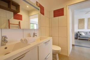 a bathroom with a sink and a toilet at Le Grand Bleu - Jacuzzi - apt la Saline les Bains in La Saline les Bains