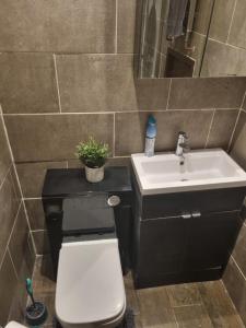a bathroom with a toilet and a sink at Lovely residential home 2 bed apartments in Goodmayes