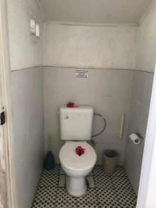 a bathroom with a toilet with two red flowers on it at Room With A View & Apartment Style in Port Vila
