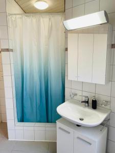 baño con lavabo y cortina de ducha azul en Apartment Marktplatz 2, en Basilea