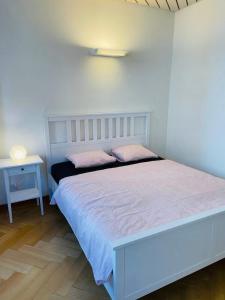 ein weißes Bett mit zwei Kissen darauf im Schlafzimmer in der Unterkunft Apartment Marktplatz 2 in Basel