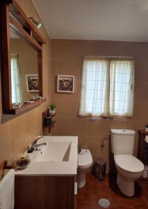 a bathroom with a sink and a toilet and a mirror at A Parada do Camiño in Arzúa