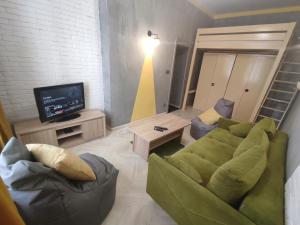 トルンにあるDomiApartの緑のソファとテレビのあるリビングルーム
