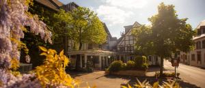 a city street with buildings and purple flowers at Ferienresidenz Brauneberger Hof in Brauneberg