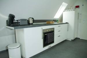 a kitchen with a counter with a stove top oven at Dachgeschoss-Apartment mit Küche & kostenloser Parkplatz in Dortmund
