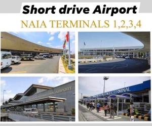 three pictures of a airport with the words short drive airport and naja terminals at Shore Residence D1,shortwalk MALL OF ASIA near airport wifi in Manila