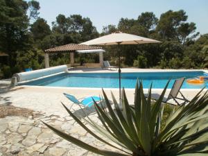 a pool with an umbrella and chairs and a table at Lorgues, La Tourelle, immense piscine, plongeoir, vue, au grand calme in Lorgues