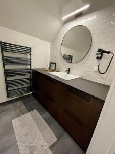 La salle de bains est pourvue d'un lavabo et d'un miroir. dans l'établissement Chalet beim Georgi Schloss, à Ehrenhausen