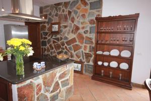 TinguatónにあるHoliday home Refugio Yuco in La Veguetaの石壁のキッチン、花のカウンター
