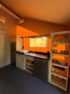 a small kitchen with a sink and a shelf at Luxe Safaritent Medley 5 persoons op Camping Rijsterbos in Rijs