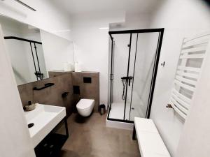 a bathroom with a shower and a toilet and a sink at Apartamenty na Spokojnej in Kołobrzeg +30 photos